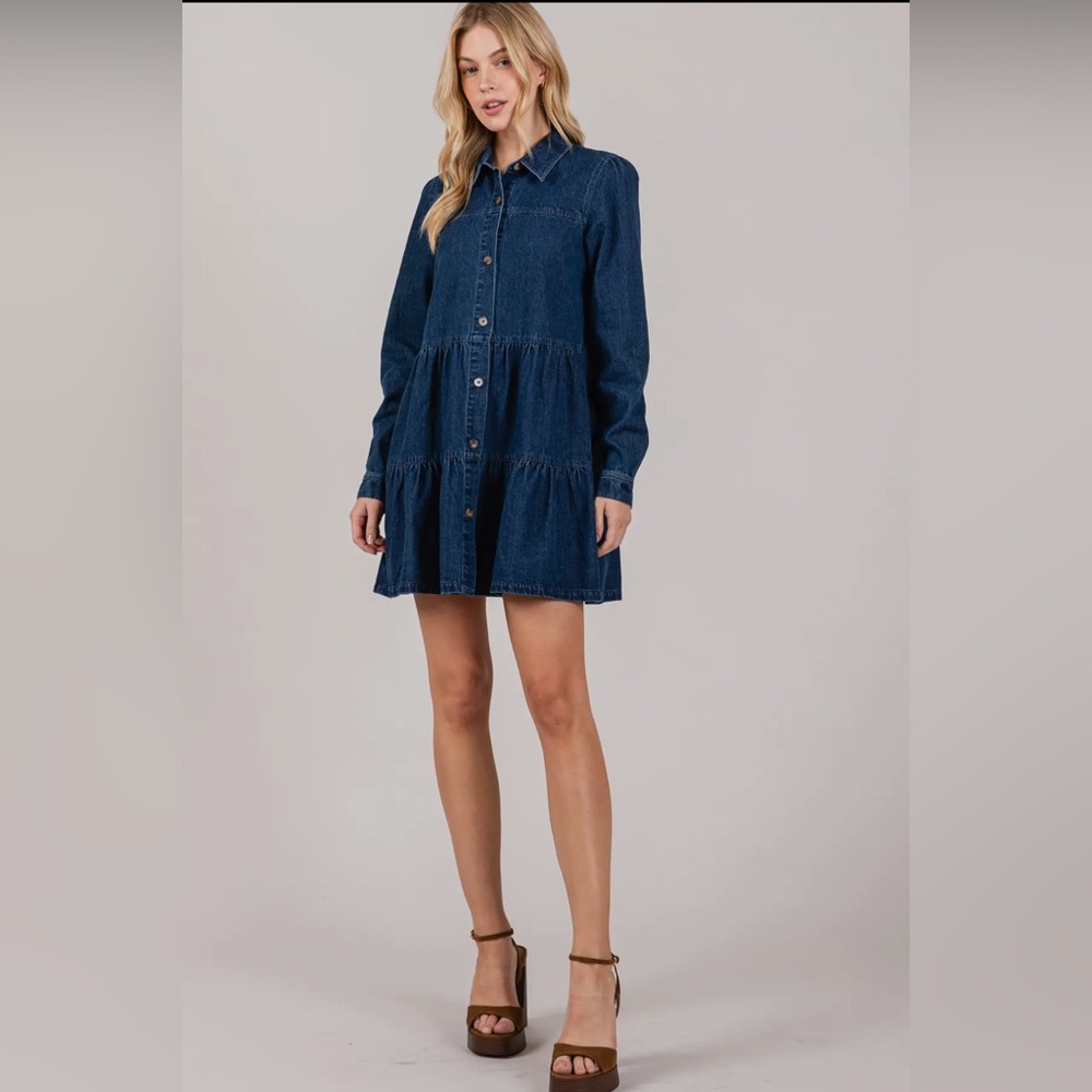 NWT Button Down Babydoll Ruffle Denim Dress Blue Denim
